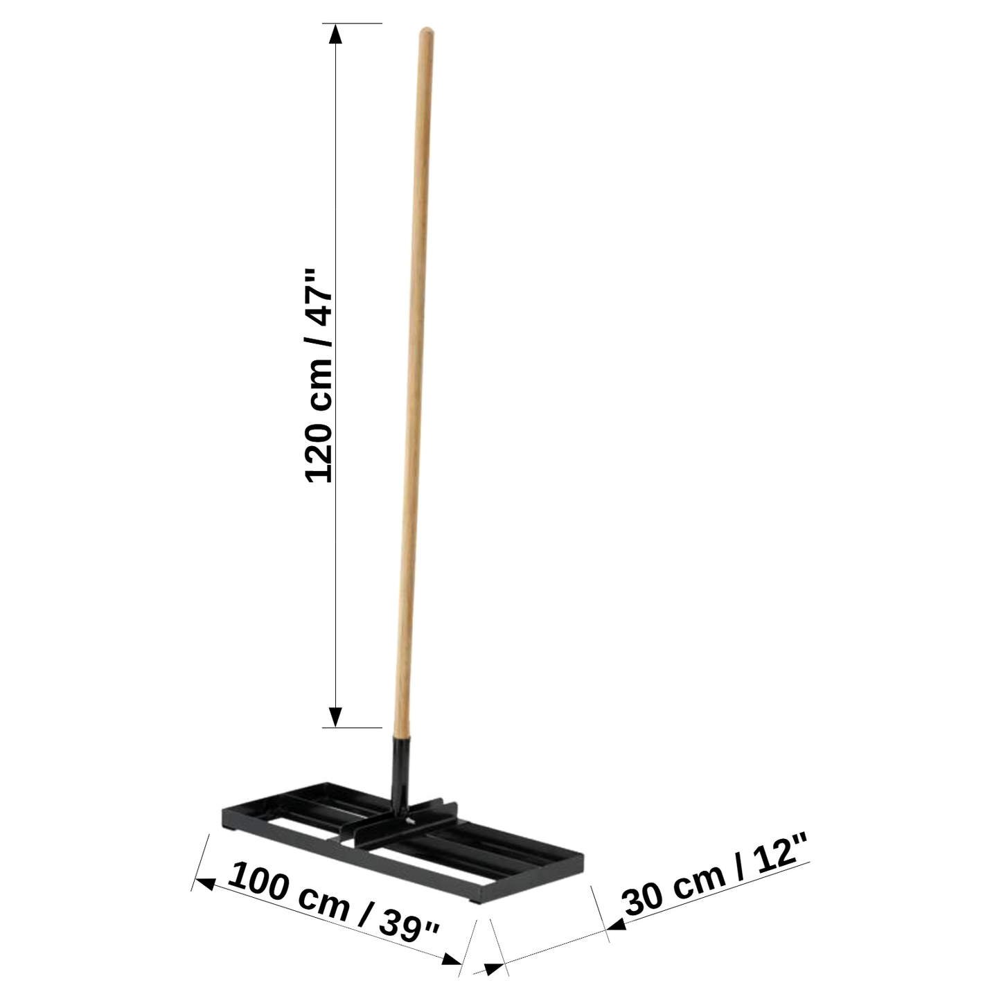 Steel Lawn Levelling Rake - 100 cm x 30 cm / 39" x 11" with Handle - Gardening Tool for Lawn Care, Mulch Spreading, Soil Grading