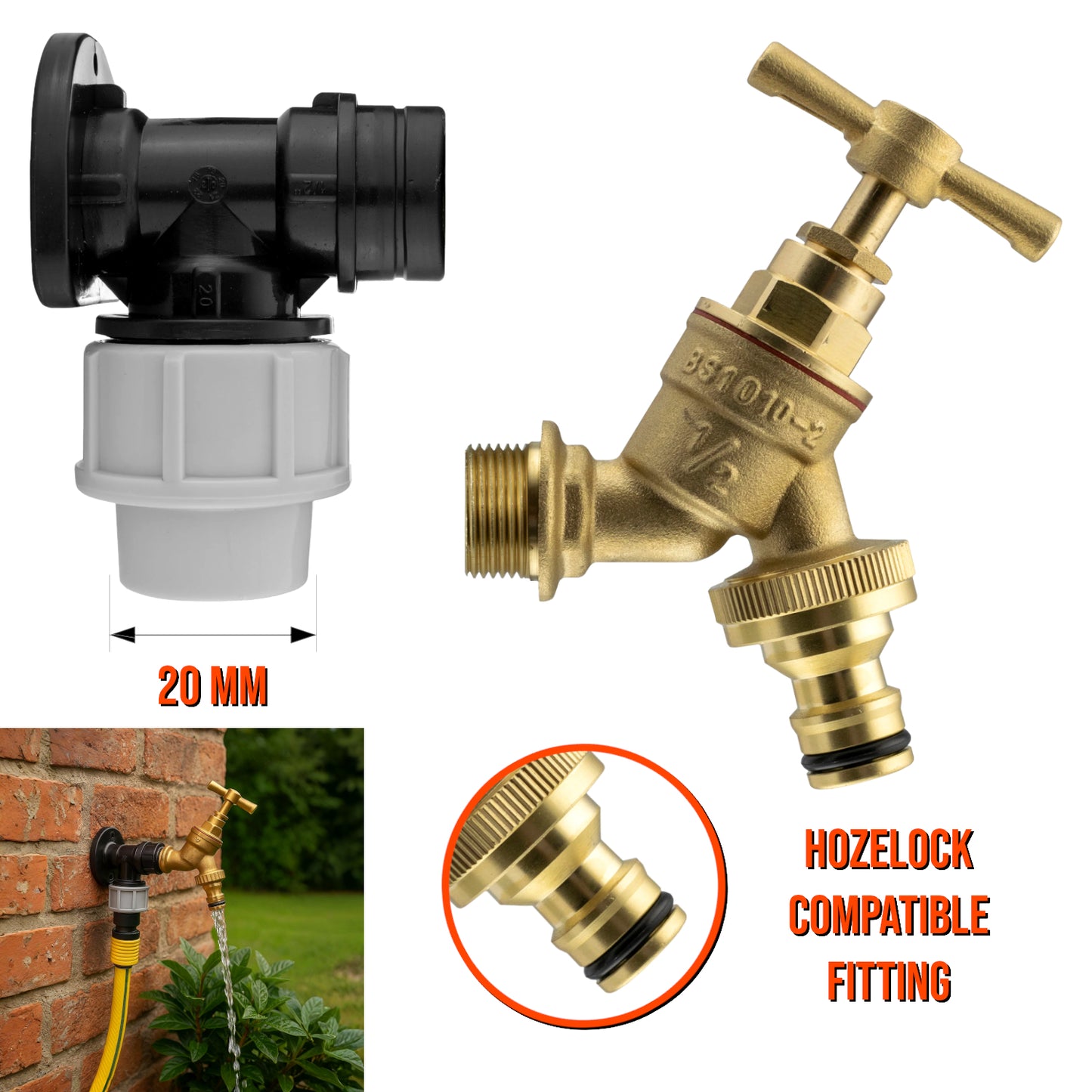 20mm MDPE Wall Flange Kit - Wall Plate Elbow with 1/2" Brass Garden Tap & Hozelock Compatible Hose Connector - Easy to Install