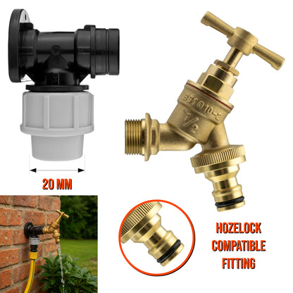 20mm MDPE Wall Flange Kit - Wall Plate Elbow with 1/2" Brass Garden Tap & Hozelock Compatible Hose Connector - Easy to Install
