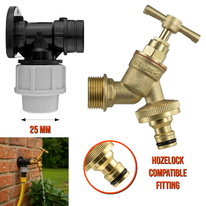 25mm MDPE Wall Flange Kit - Wall Plate Elbow with 3/4" Brass Garden Tap & Hozelock Compatible Hose Connector - Easy to Install