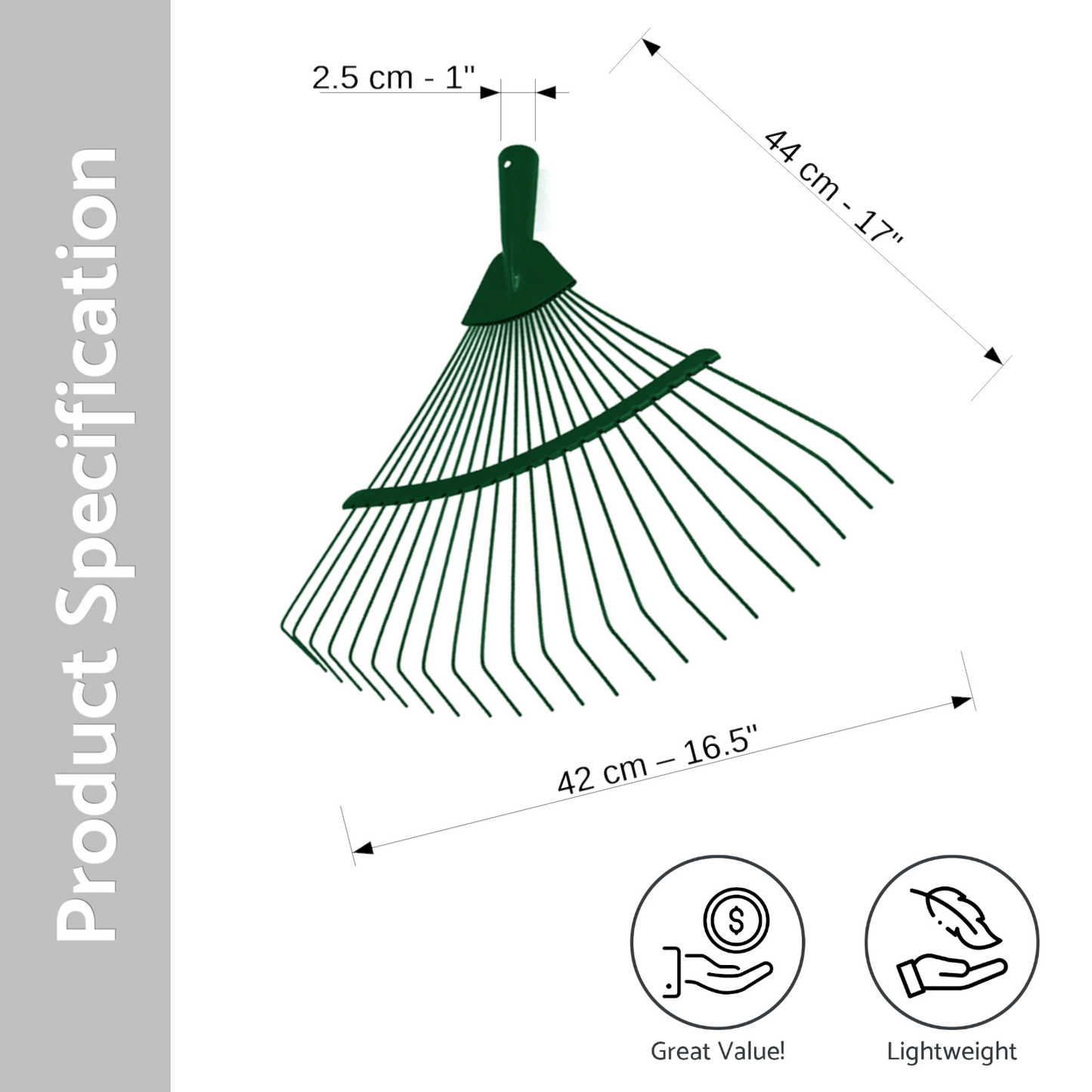 Garden Rake - 42 cm / 18 Tine Wide Rake Head - Lightweight & Durable Leaf & Grass Rake for Quick Lawn Cleaning, Ideal for Garden