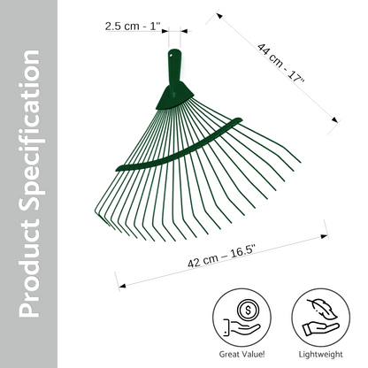 Garden Rake - 42 cm / 18 Tine Wide Rake Head - Lightweight & Durable Leaf & Grass Rake for Quick Lawn Cleaning, Ideal for Garden
