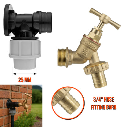 25mm MDPE Wall Flange Kit - Wall Plate Elbow with 3/4" Brass Garden Tap & Barb Hose Fitting - Easy to Install Water Hose Connector