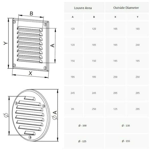 165 x 240 mm Polished Chrome Air Vent Grille with Fly Screen Metal Ventilation Ducting Cover