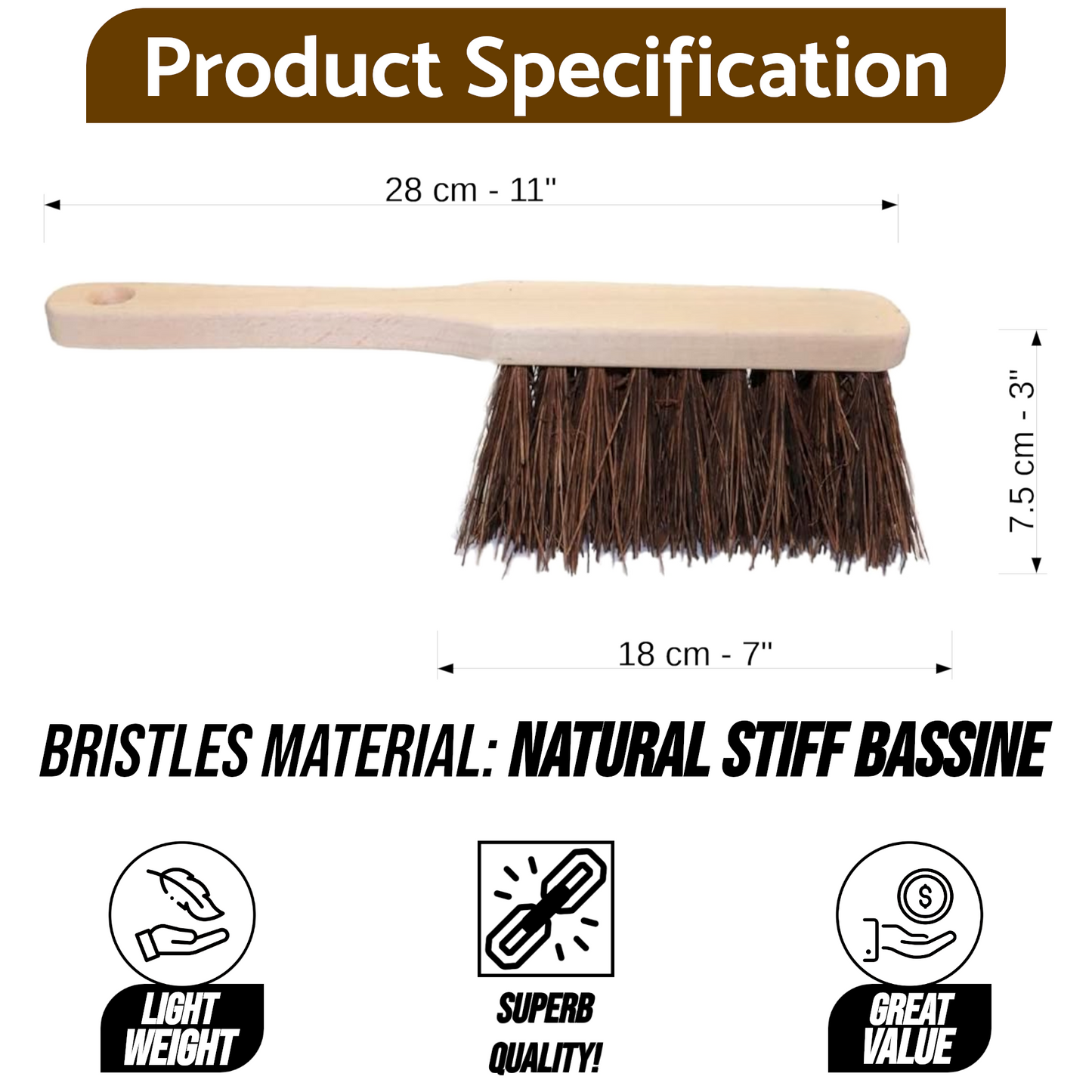 2 x Stiff Bassine Hand Brush with Wooden Handle - Heavy Duty Hard Bristle Bench Sweeper for Workshop Garage Outdoor Use - 28 cm