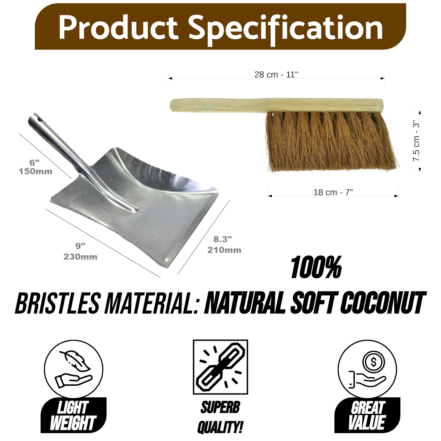 Soft Coco Hand Brush and Galvanised Metal Dustpan Set - Natural Coconut Bristles with Wooden Handle - Indoor Surface-Safe Cleaning
