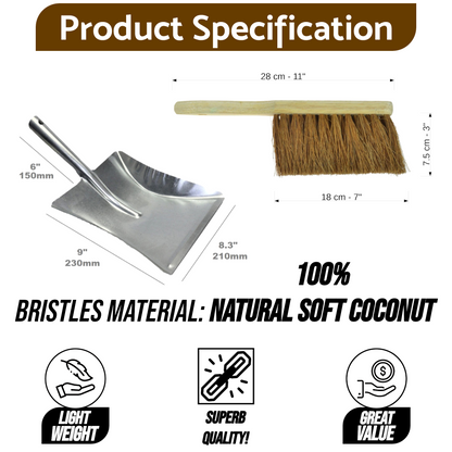 Soft Coco Hand Brush and Galvanised Metal Dustpan Set - Natural Coconut Bristles with Wooden Handle - Indoor Surface-Safe Cleaning