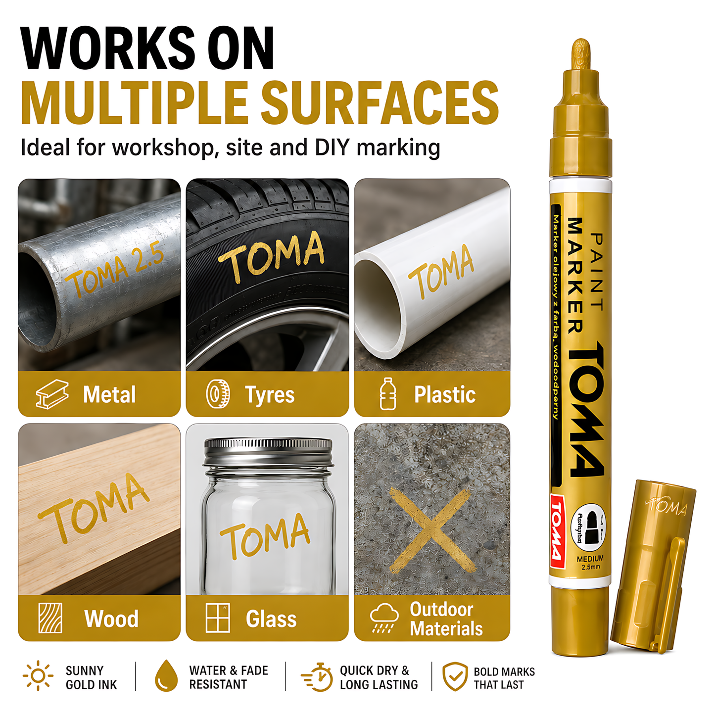 Gold Sunny Oil-Based Paint Marker Pen Permanent - 2.5mm Round Tip, Fast-Drying Waterproof Ink - Universal for All Surfaces