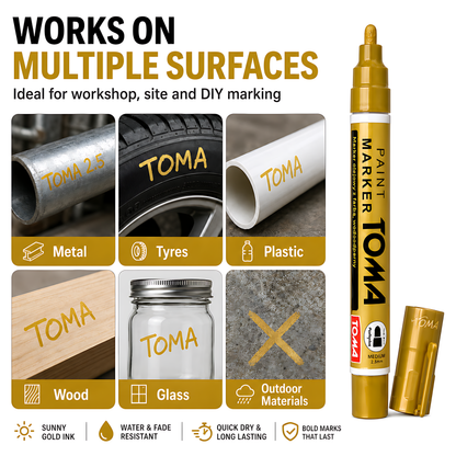 Gold Sunny Oil-Based Paint Marker Pen Permanent - 2.5mm Round Tip, Fast-Drying Waterproof Ink - Universal for All Surfaces
