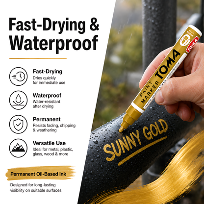 Gold Sunny Oil-Based Paint Marker Pen Permanent - 2.5mm Round Tip, Fast-Drying Waterproof Ink - Universal for All Surfaces