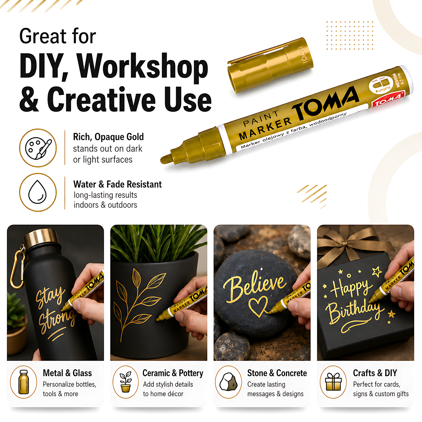 Gold Sunny Oil-Based Paint Marker Pen Permanent - 2.5mm Round Tip, Fast-Drying Waterproof Ink - Universal for All Surfaces