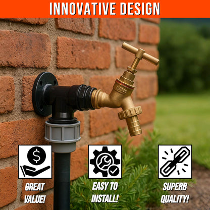 25mm MDPE Wall Flange Kit - Wall Plate Elbow with 3/4" Brass Garden Tap & Barb Hose Fitting - Easy to Install Water Hose Connector
