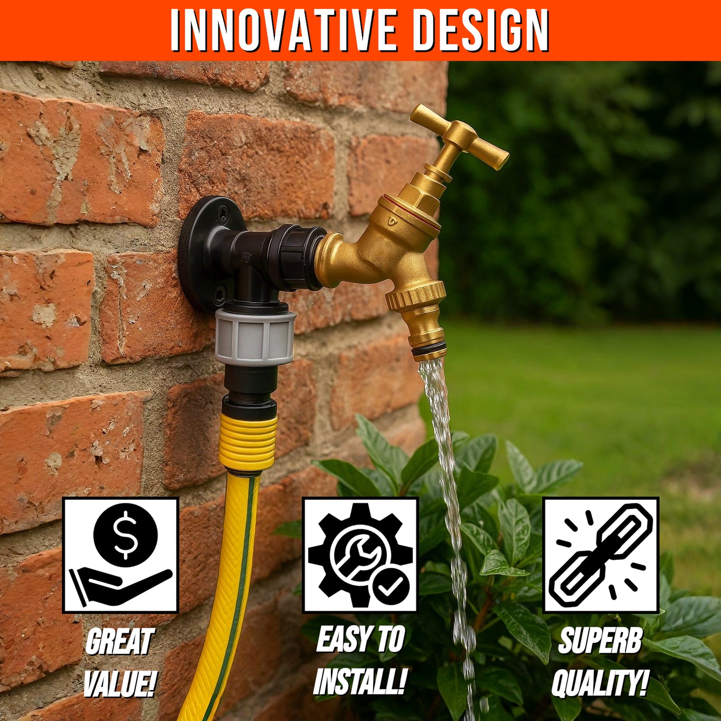 20mm MDPE Wall Flange Kit - Wall Plate Elbow with 1/2" Brass Garden Tap & Hozelock Compatible Hose Connector - Easy to Install