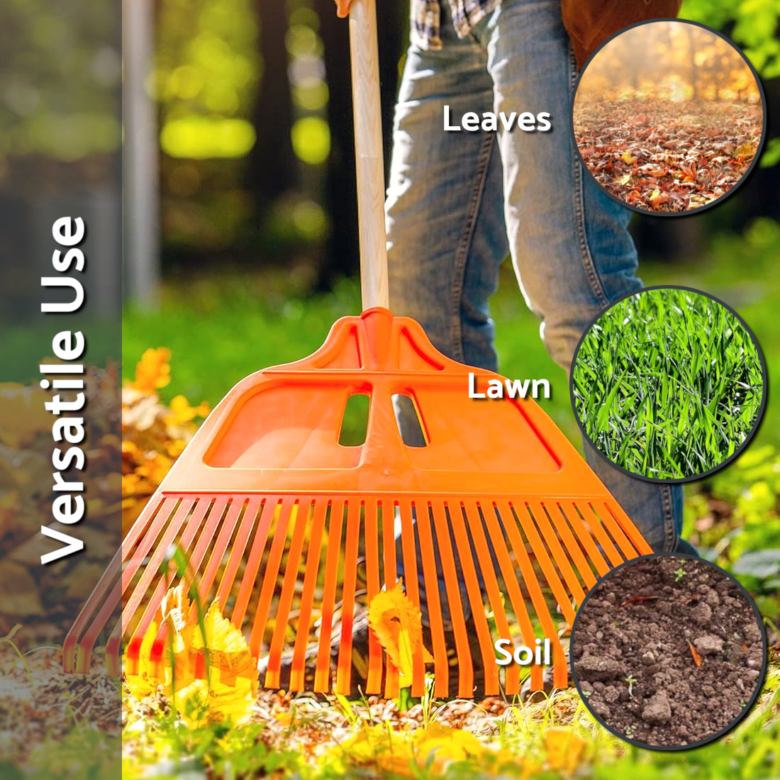 Heavy-Duty Garden Rake - 27 Tines / 57cm Wide Durable Plastic Head - Sturdy, Lightweight Tool for Lawn, Hay, Soil, Leaves