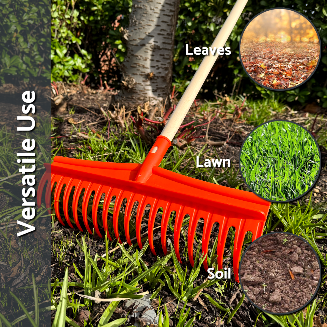 Heavy-Duty Garden Rake - 19 Tines / 44cm Wide Durable Plastic Head - Sturdy, Lightweight Tool for Lawn, Hay, Soil, Leaves