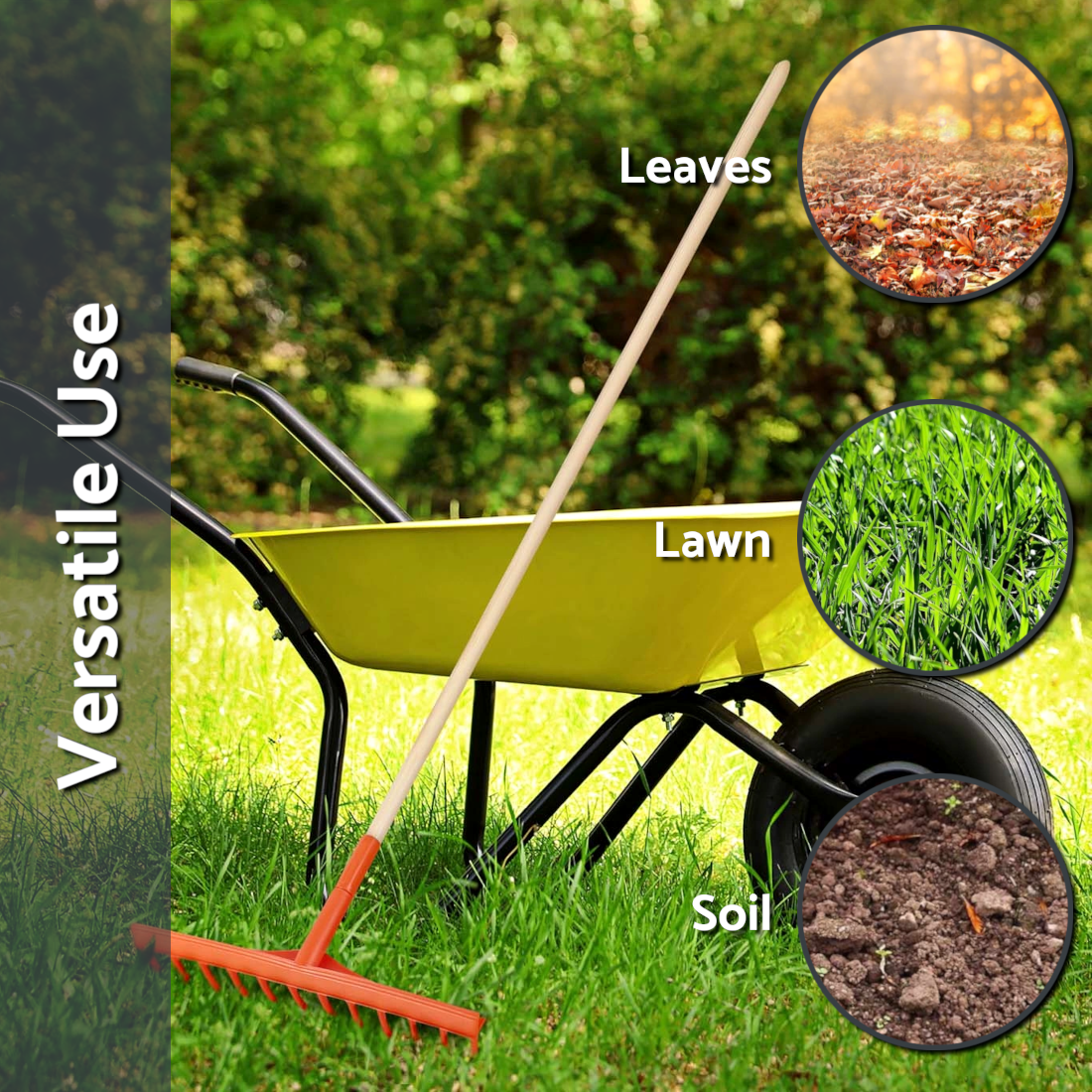 Heavy-Duty Garden Rake - 12 Tines / 50cm Wide Durable Plastic Head - Sturdy, Lightweight Tool for Lawn, Hay, Soil, Leaves