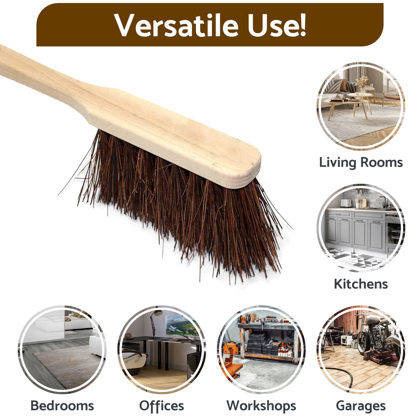 2 x Stiff Bassine Hand Brush with Wooden Handle - Heavy Duty Hard Bristle Bench Sweeper for Workshop Garage Outdoor Use - 28 cm