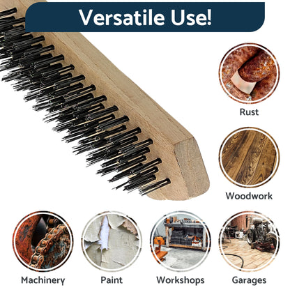 Set of 4 x Wire Brush, Heavy-Duty Handheld Steel Wire Brushes with Wooden Handle - Rust Remover - Tough Steel Wire Bristles