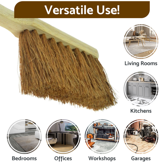 Soft Coco Hand Brush and Long Handle Metal Dustpan Set - Natural Coconut Bristles with Wooden Handle - Indoor Surface-Safe Clean