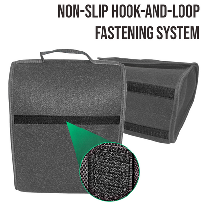 Car Boot Organiser Bag - Grey Felt Storage Box with Handle, Front Pocket, Hook-and-Loop Strips - 26 x 14.5 x 33 cm Car Trunk Case