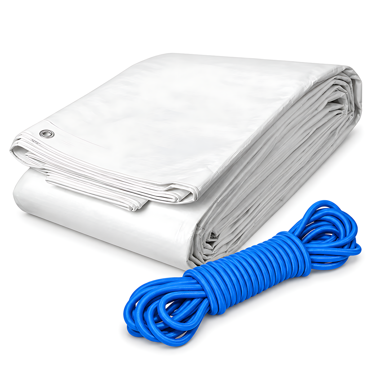 White Tarpaulin 3m x 3m 90 GSM Waterproof with 10m Blue Elastic Bungee Rope, UV Resistant, Aluminium Eyelets, Reinforced Hems