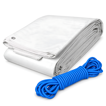 White Tarpaulin 3m x 4m 90 GSM Waterproof with 10m Blue Elastic Bungee Rope, UV Resistant, Aluminium Eyelets, Reinforced Hems