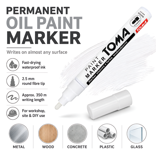 White Oil-Based Paint Marker Pen Permanent - 2.5mm Round Tip, Fast-Drying Waterproof Ink - Universal for All Surfaces