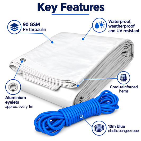 White Tarpaulin 3m x 3m 90 GSM Waterproof with 10m Blue Elastic Bungee Rope, UV Resistant, Aluminium Eyelets, Reinforced Hems