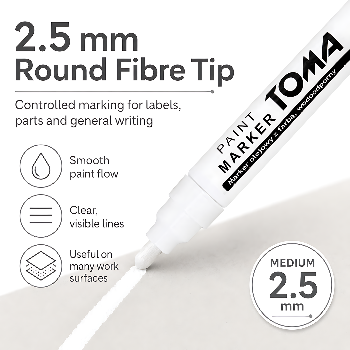 White Oil-Based Paint Marker Pen Permanent - 2.5mm Round Tip, Fast-Drying Waterproof Ink - Universal for All Surfaces