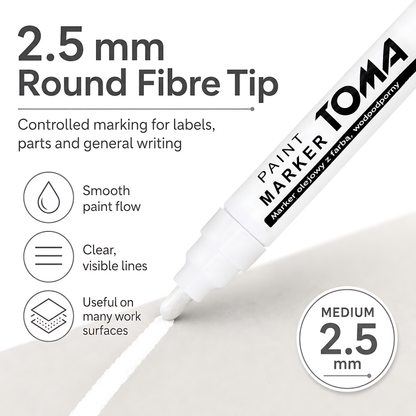 White Oil-Based Paint Marker Pen Permanent - 2.5mm Round Tip, Fast-Drying Waterproof Ink - Universal for All Surfaces