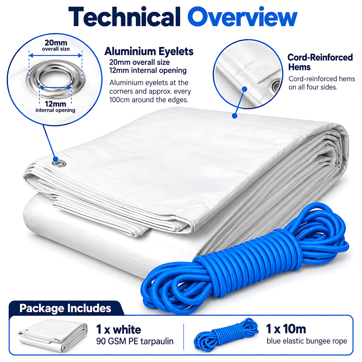 White Tarpaulin 4m x 6m 90 GSM Waterproof with 10m Blue Elastic Bungee Rope, UV Resistant, Aluminium Eyelets, Reinforced Hems