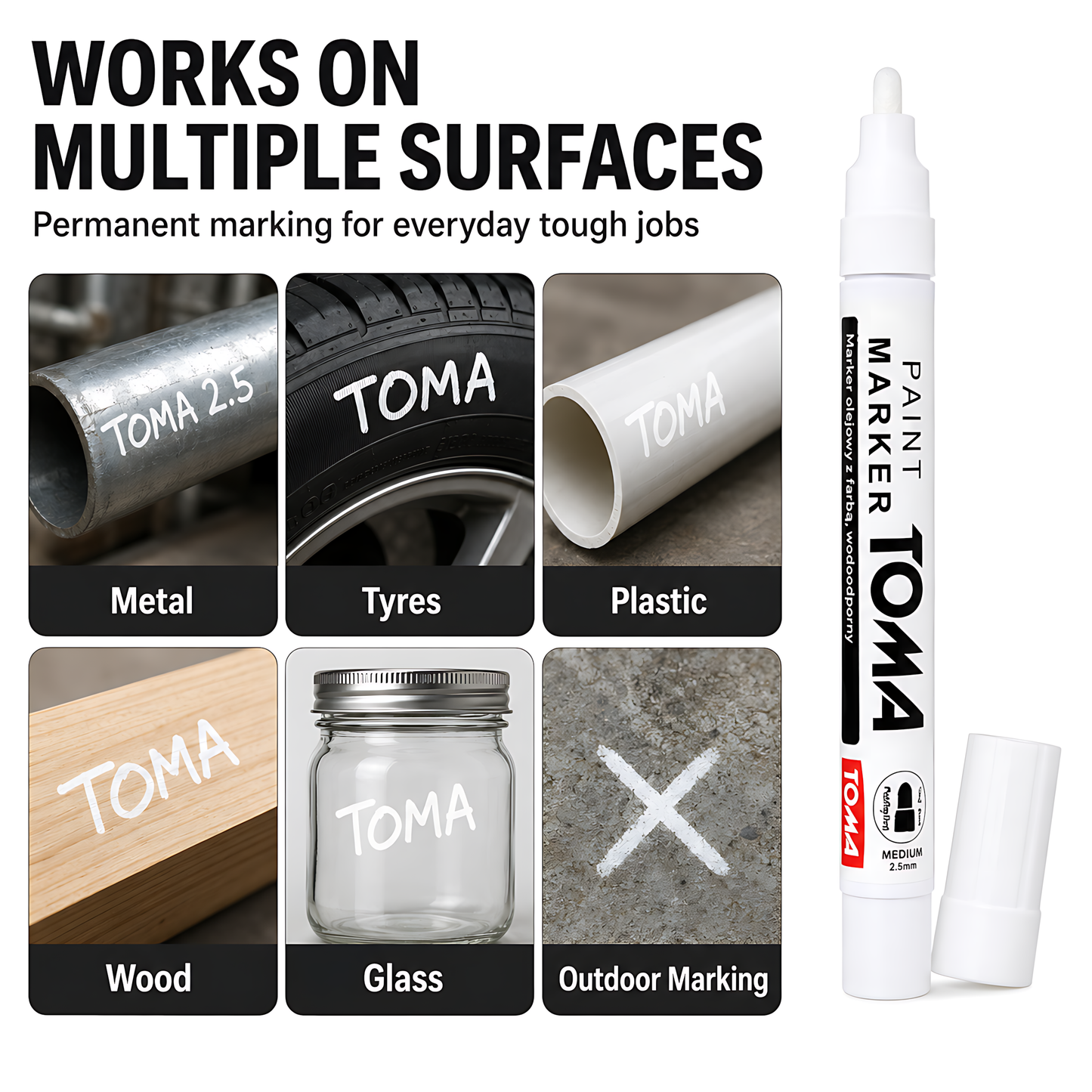 White Oil-Based Paint Marker Pen Permanent - 2.5mm Round Tip, Fast-Drying Waterproof Ink - Universal for All Surfaces