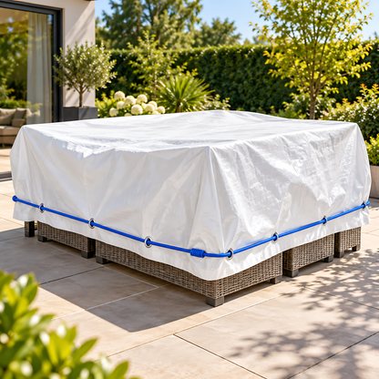 White Tarpaulin 5m x 6m 90 GSM Waterproof with 10m Blue Elastic Bungee Rope, UV Resistant, Aluminium Eyelets, Reinforced Hems