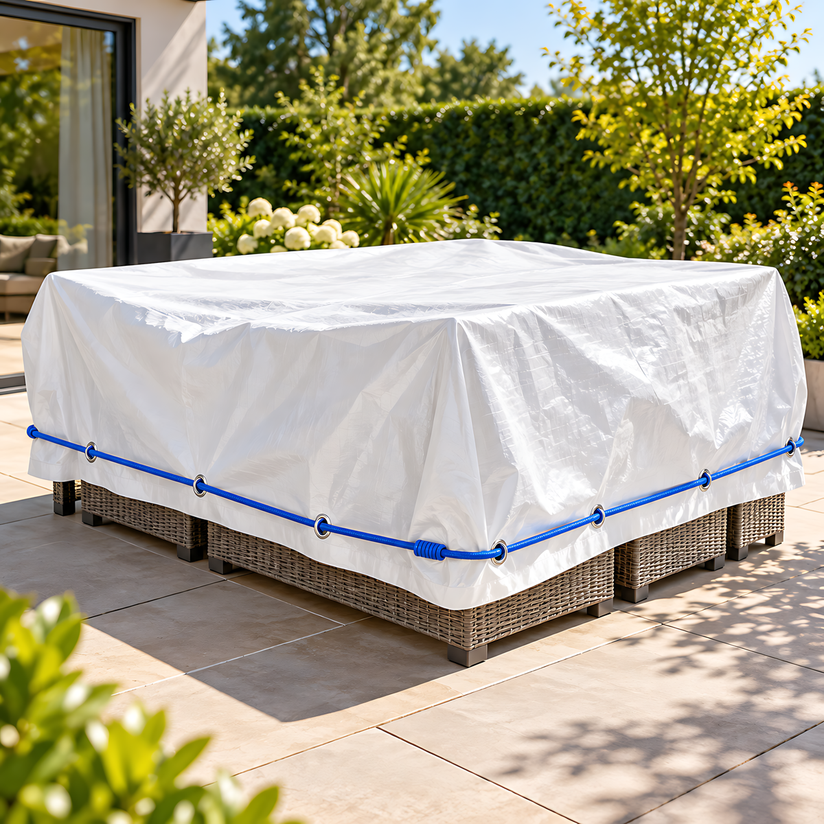 White Tarpaulin 2m x 2m 90 GSM Waterproof with 10m Blue Elastic Bungee Rope, UV Resistant, Aluminium Eyelets, Reinforced Hems