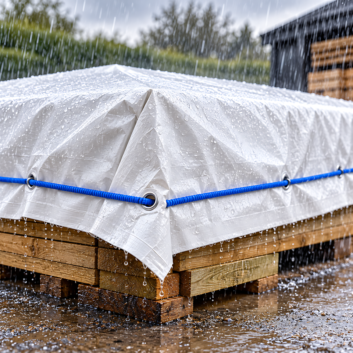 White Tarpaulin 8m x 10m 90 GSM Waterproof with 10m Blue Elastic Bungee Rope, UV Resistant, Aluminium Eyelets, Reinforced Hems
