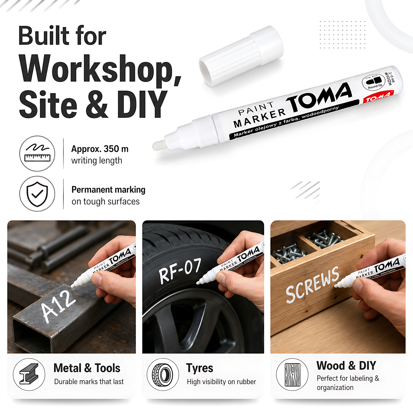 White Oil-Based Paint Marker Pen Permanent - 2.5mm Round Tip, Fast-Drying Waterproof Ink - Universal for All Surfaces