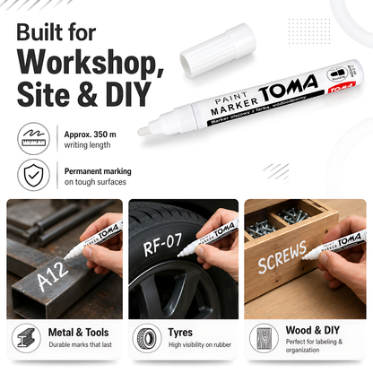 White Oil-Based Paint Marker Pen Permanent - 2.5mm Round Tip, Fast-Drying Waterproof Ink - Universal for All Surfaces