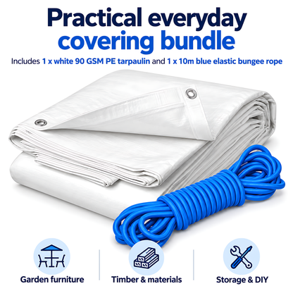 White Tarpaulin 1.5m x 2m 90 GSM Waterproof with 10m Blue Elastic Bungee Rope, UV Resistant, Aluminium Eyelets, Reinforced Hems