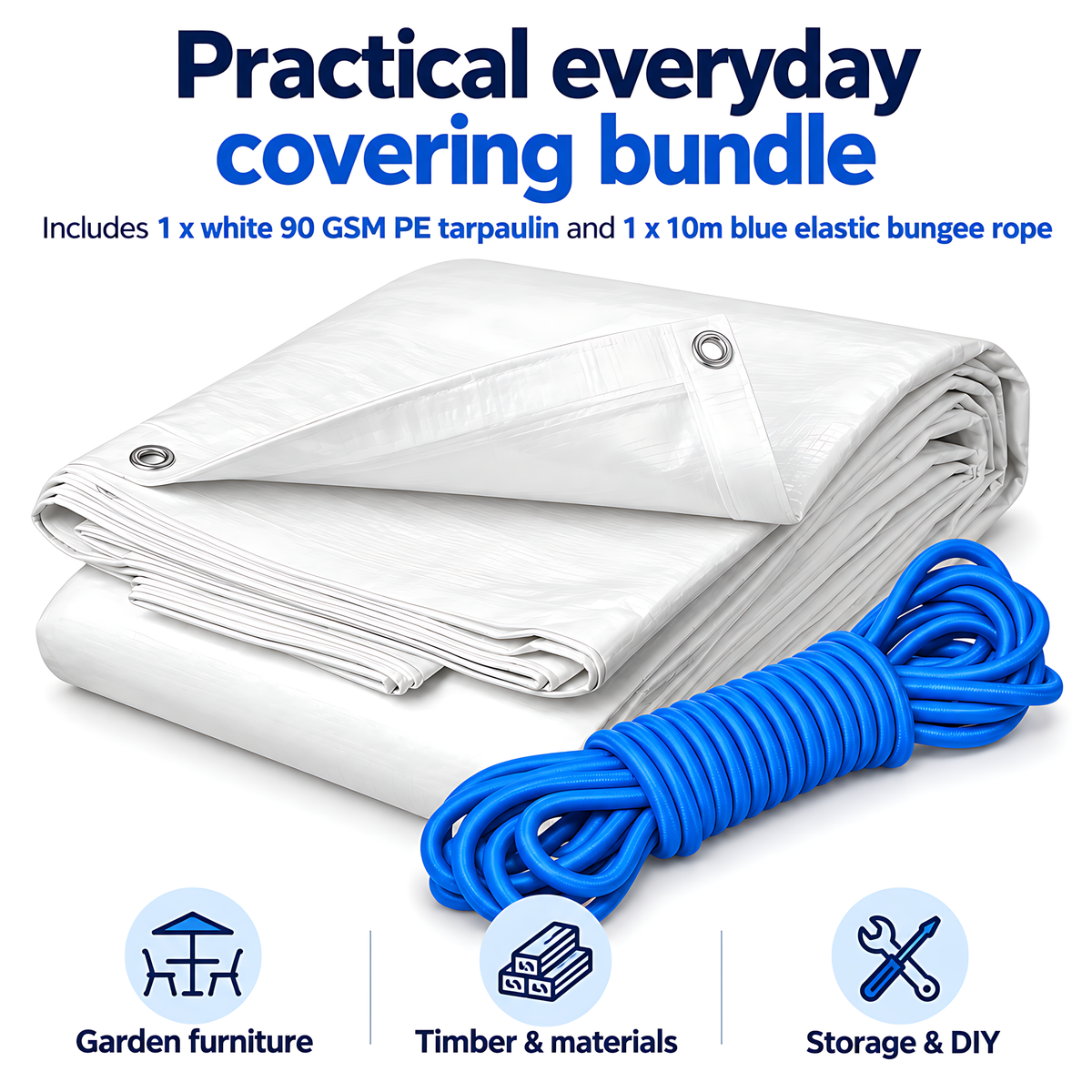White Tarpaulin 8m x 10m 90 GSM Waterproof with 10m Blue Elastic Bungee Rope, UV Resistant, Aluminium Eyelets, Reinforced Hems
