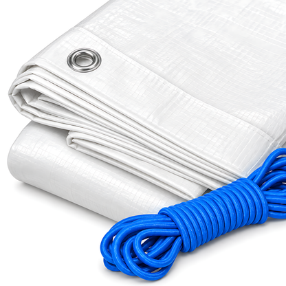 White Tarpaulin 4m x 5m 90 GSM Waterproof with 10m Blue Elastic Bungee Rope, UV Resistant, Aluminium Eyelets, Reinforced Hems
