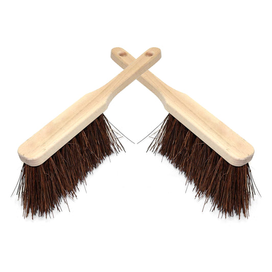 2 x Stiff Bassine Hand Brush with Wooden Handle - Heavy Duty Hard Bristle Bench Sweeper for Workshop Garage Outdoor Use - 28 cm