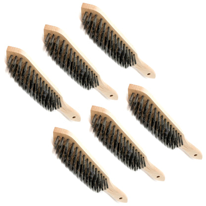 Set of 6 x Wire Brush, Heavy-Duty Handheld Steel Wire Brushes with Wooden Handle - Rust Remover - Tough Steel Wire Bristles
