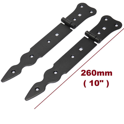 Pack of 2 x 200 mm Narrow T-Hinge Black, Retro Steel Tee Hinges, Weather Resistant, Rust Proof Powder Coating, T Strap Hinges