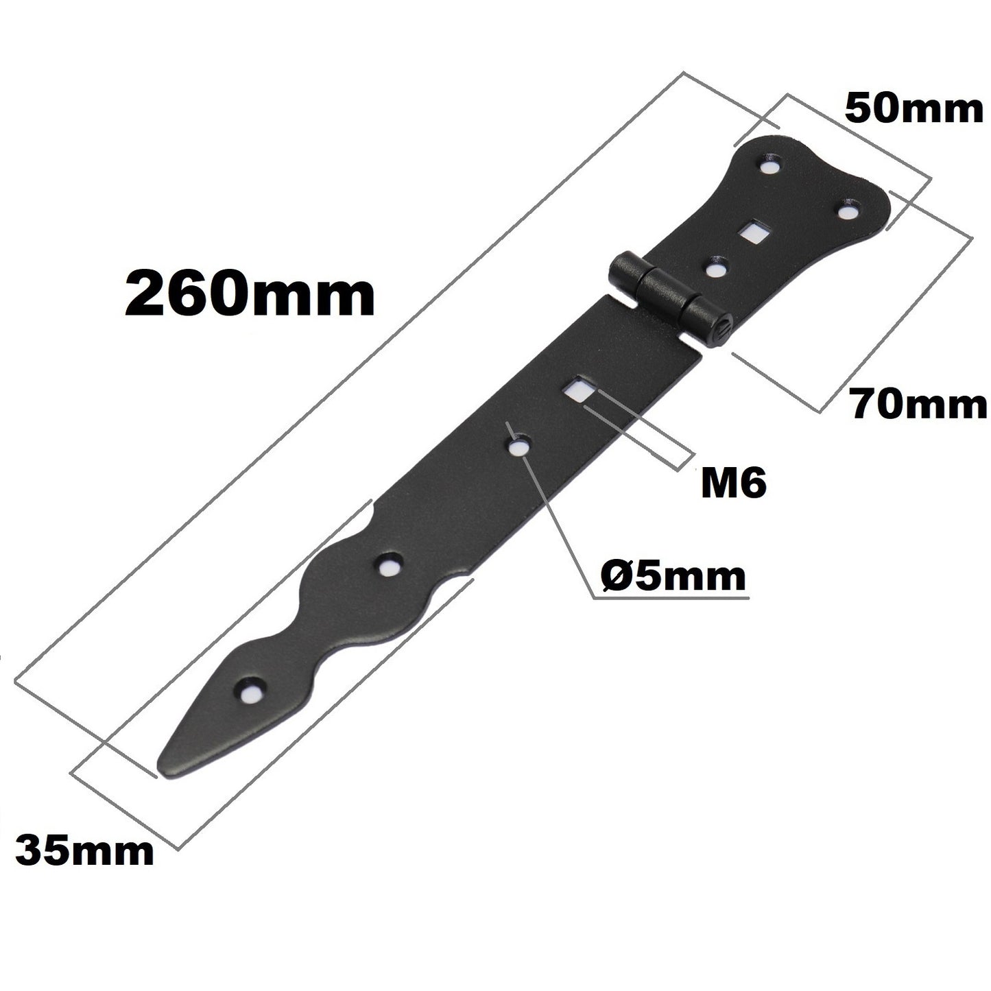Pack of 2 x 200 mm Narrow T-Hinge Black, Retro Steel Tee Hinges, Weather Resistant, Rust Proof Powder Coating, T Strap Hinges